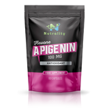 A stand-up pouch of Nutrality Flavone Apigenin 100 MG food supplement capsules, featuring a black and magenta design on a white background with a soft reflection.