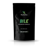 A black stand-up pouch of Nutrality Bile Advanced Formula food supplement, featuring green and white text on a clean white background with a soft reflection underneath.
