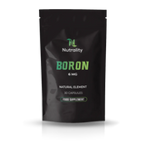 A black stand-up pouch of Nutrality Boron 6 MG food supplement capsules, featuring green and white text on a clean white background with a soft reflection.