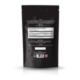 The back of a black stand-up pouch package, showing printed supplement information including a Nutrition Facts label, ingredients, storage instructions, and a barcode on a white background.