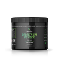 A black plastic tub of Nutrality Colostrum Powder 1500 MG food supplement, featuring a black lid and a black label with green and white text, set against a plain white background with a subtle reflection.