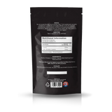 The back of a black stand-up pouch package, showing printed text, a nutrition facts label, ingredients, storage instructions, and a barcode on a white background.