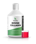A white bottle of Nutrality Bovine Collagen liquid food supplement with a green and white label, shown next to a small cap filled with bright red liquid on a white background
