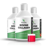 Three white bottles of Nutrality Bovine Collagen liquid food supplement with green and black labels, arranged in a group with a small clear cap of red liquid in front on a white background.