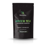 A black stand-up pouch of Nutrality Green Tea Advanced Complex food supplement capsules, shown on a clean white background with a soft reflection underneath.