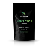 A black stand-up pouch of Nutrality Huperzine A 200 MCG food supplement, featuring green and white text on a clean white background with a soft reflection.