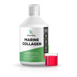 A white bottle of Nutrality Marine Collagen liquid food supplement with a white cap, shown on a white background next to a small clear glass filled with bright pink-red liquid.