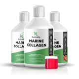 Three white bottles of Nutrality Marine Collagen food supplement with green and black labels, arranged in a group with a small clear jar of bright pink powder in front on a white background.