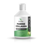 A white bottle of Nutrality Marine Collagen liquid food supplement with a white cap, featuring a green and white label with black text, set against a plain white background with a soft reflection.