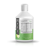 A white plastic bottle of, shown from the back to display the detailed nutritional information label. The label features a black sidebar on the left with icons for sugar-free, gluten free, alongside a green section at the bottom with apple illustrations.