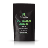 A black stand-up pouch of Nutrality Potassium Citrate 1000 mg food supplement capsules, shown on a white background with a soft reflection.