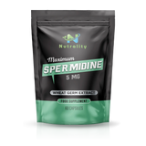A stand-up pouch of Nutrality Maximum Spermidine 5 MG Food Supplement, featuring a black and green design with wheat germ extract branding, set against a plain white background.