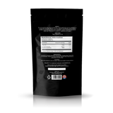 The back of a black stand-up pouch package, showing printed text, a Nutrition Facts panel, ingredients list, and barcode on a white background with a soft reflection below.