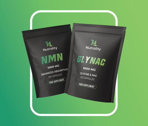 Two black stand-up supplement pouches from Nutrality on a green gradient background with a white rounded frame. The left pouch is labeled NMN 1000 MG, and the right pouch is labeled GLYNAC 1000 MG.