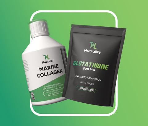 A white bottle of Nutrality Marine Collagen and a black stand-up pouch of Nutrality Glutathione 500 MG capsules, displayed together on a green gradient background with a white rounded border.