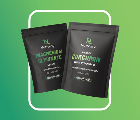 Two black stand-up supplement pouches from Nutrality on a green gradient background with a white rounded frame. The left pouch reads 'Magnesium Glycinate 500 MG' and the right pouch reads 'NovaSOL Curcumin WITH Vitamin D 250 MG'.