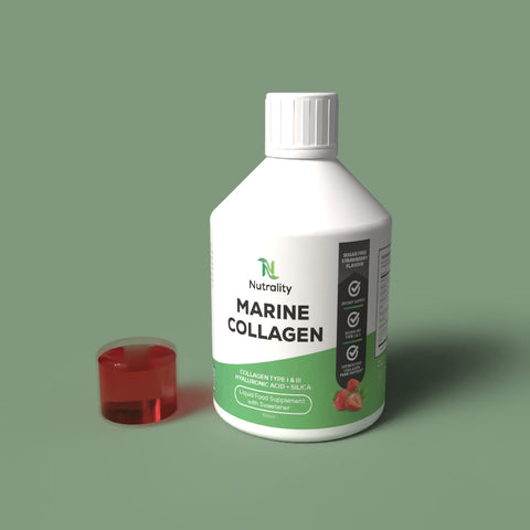 A white bottle of Nutrality Marine Collagen supplement with a green and white label, shown next to a small cap on a solid sage green background.