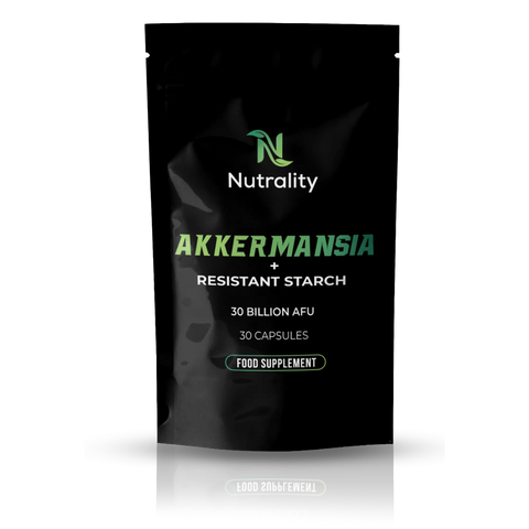 A black stand-up pouch of Nutrality Akkermansia + Resistant Starch food supplement, featuring green and white text on a clean white background with a subtle reflection.