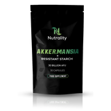 A black stand-up pouch of Nutrality Akkermansia + Resistant Starch food supplement, featuring green and white text on a clean white background with a subtle reflection.