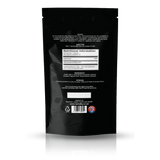 The back of a black resealable stand-up pouch package, showing printed text, a nutrition facts panel, ingredients list, and a barcode on a white background with a soft reflection below.