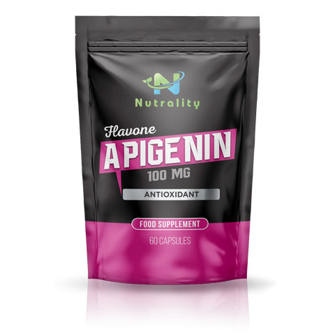 A stand-up pouch of Nutrality Flavone Apigenin 100 MG food supplement capsules, featuring a black and magenta design on a white background with a soft reflection.
