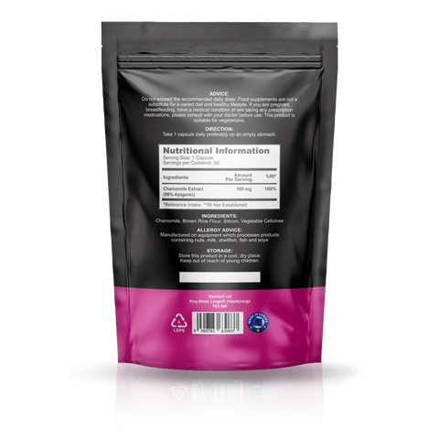 A black stand-up pouch of a dietary supplement with a bright magenta-pink band at the bottom, shown on a clean white background with a soft reflection underneath.