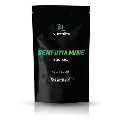 A black stand-up pouch of Nutrality Benfotiamine 300 MG food supplement, containing 60 capsules, shown on a white background with a soft reflection.
