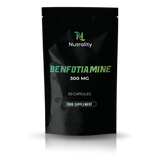 A black stand-up pouch of Nutrality Benfotiamine 300 MG food supplement, containing 60 capsules, shown on a white background with a soft reflection.