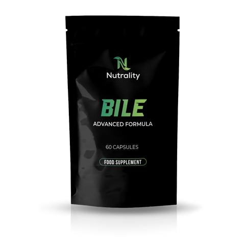 A black stand-up pouch of Nutrality Bile Advanced Formula food supplement, featuring green and white text on a clean white background with a soft reflection underneath.