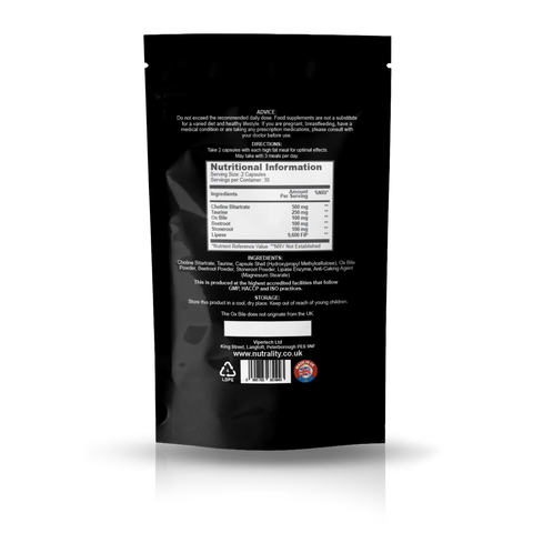 The back of a black stand-up pouch package, showing printed text, a Nutrition Facts label, ingredients list, and a barcode on a white background with a faint reflection below.