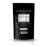 The back of a black stand-up pouch package, showing printed text, a Nutrition Facts label, ingredients list, and a barcode on a white background with a faint reflection below.