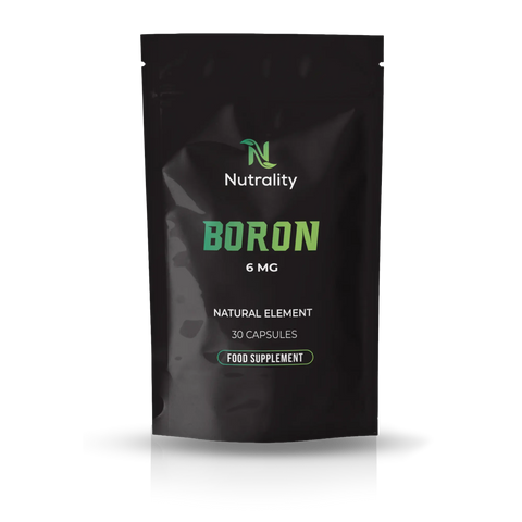 A black stand-up pouch of Nutrality Boron 6 MG food supplement capsules, featuring green and white text on a clean white background with a soft reflection.