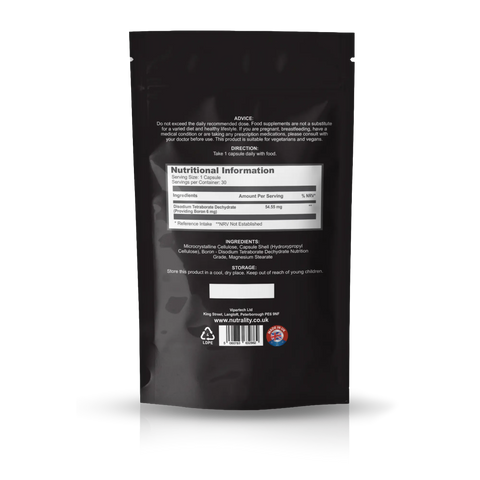 The back of a black stand-up pouch package, showing printed supplement information including a Nutrition Facts label, ingredients, storage instructions, and a barcode on a white background.