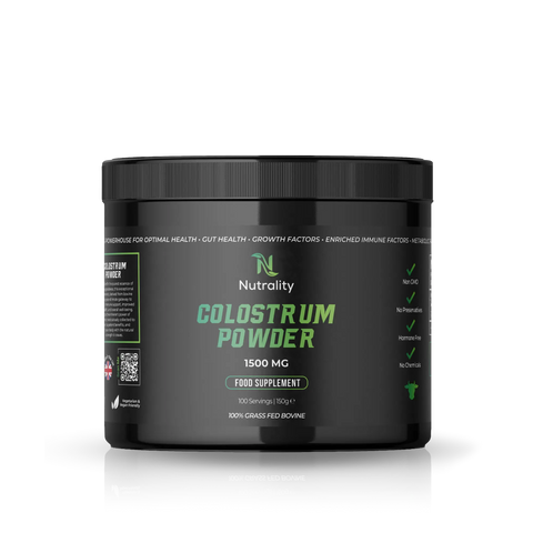 A black plastic tub of Nutrality Colostrum Powder 1500 MG food supplement, featuring a black lid and a black label with green and white text, set against a plain white background with a subtle reflection.