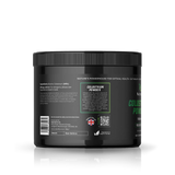 A black plastic tub of Nutrality Bovine Colostrum Powder, showing the back label with ingredients, QR code, and branding, on a white background with a soft reflection.