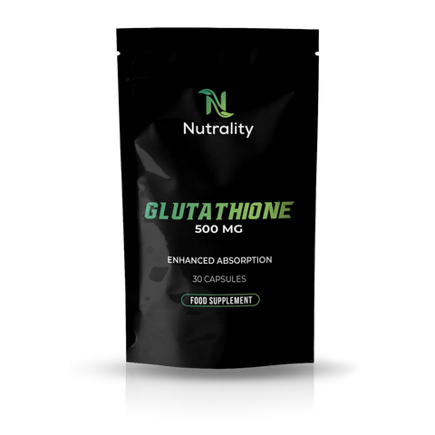 A black stand-up pouch of Nutrality Glutathione 500 MG food supplement capsules, shown on a clean white background with a soft reflection underneath.