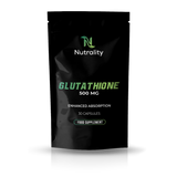 A black stand-up pouch of Nutrality Glutathione 500 MG food supplement capsules, shown on a clean white background with a soft reflection underneath.