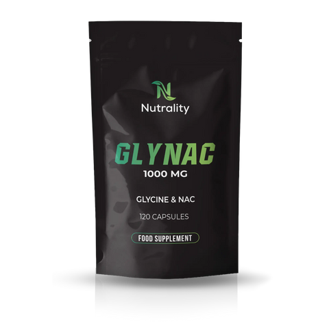 A black stand-up pouch of Nutrality Glynac 1000 MG food supplement capsules, featuring green and white text on a clean white background with a soft reflection.