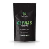 A black stand-up pouch of Nutrality Glynac 1000 MG food supplement capsules, featuring green and white text on a clean white background with a soft reflection.