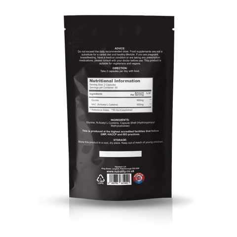 The back of a black stand-up pouch package, showing printed text, a nutrition facts label, ingredients, storage instructions, and a barcode on a white background.