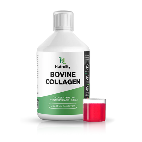 A white bottle of Nutrality Bovine Collagen liquid food supplement with a green and white label, shown next to a small cap filled with bright red liquid on a white background