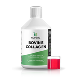 A white bottle of Nutrality Bovine Collagen liquid food supplement with a green and white label, shown next to a small cap filled with bright red liquid on a white background