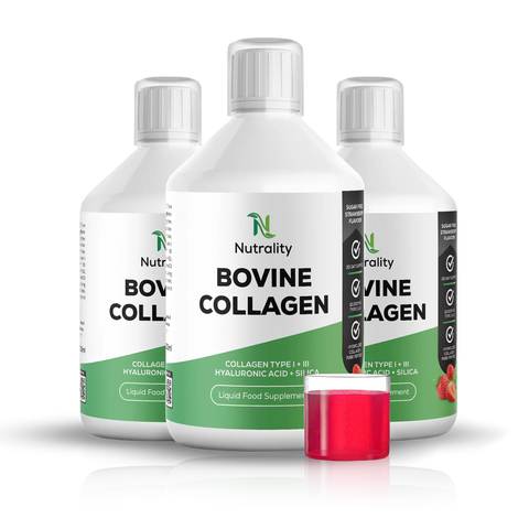 Three white bottles of Nutrality Bovine Collagen liquid food supplement with green and black labels, arranged in a group with a small clear cap of red liquid in front on a white background.
