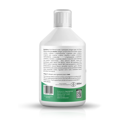 A 500ml bottle of Nutrality bovine collagen, viewed from the back to show the white plastic cap, printed ingredients list, and a green warning label at the bottom.