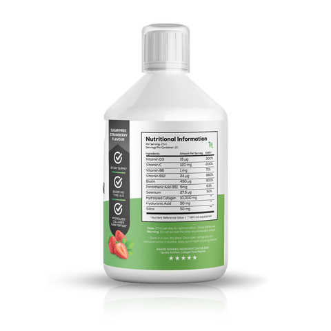 A 500 mL white plastic bottle of a liquid supplement, shown from the back to display the detailed nutritional information label. The label features a black sidebar on the left with icons and a green section at the bottom with strawberry illustrations.
