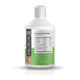 A 500 mL white plastic bottle of a liquid supplement, shown from the back to display the detailed nutritional information label. The label features a black sidebar on the left with icons and a green section at the bottom with strawberry illustrations.