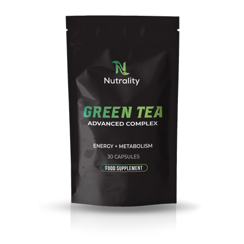 A black stand-up pouch of Nutrality Green Tea Advanced Complex food supplement capsules, shown on a clean white background with a soft reflection underneath.