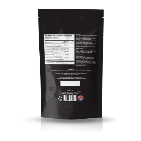 The back of a black resealable stand-up pouch with printed nutrition facts, ingredients, and warning text, shown on a white background with a faint reflection below.
