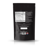 The back of a black resealable stand-up pouch with printed nutrition facts, ingredients, and warning text, shown on a white background with a faint reflection below.