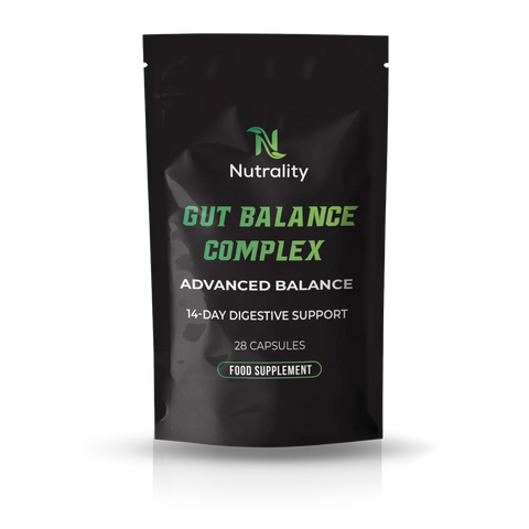 A black stand-up pouch of Nutrality Gut Balance Complex food supplement, featuring green and white text on a clean white background with a soft reflection below.